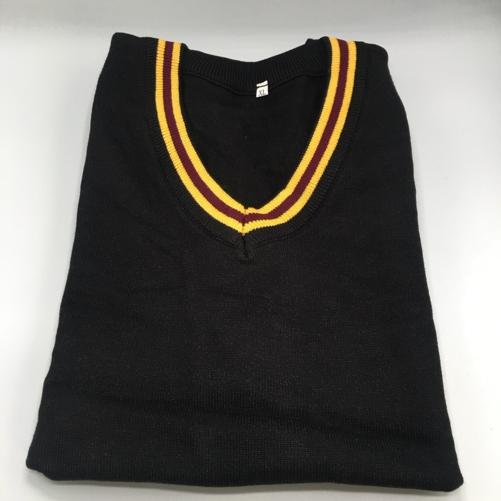 NEW Harry Potter Black Preppy V-Neck Sweater with Red & Yellow Stripes Size XL